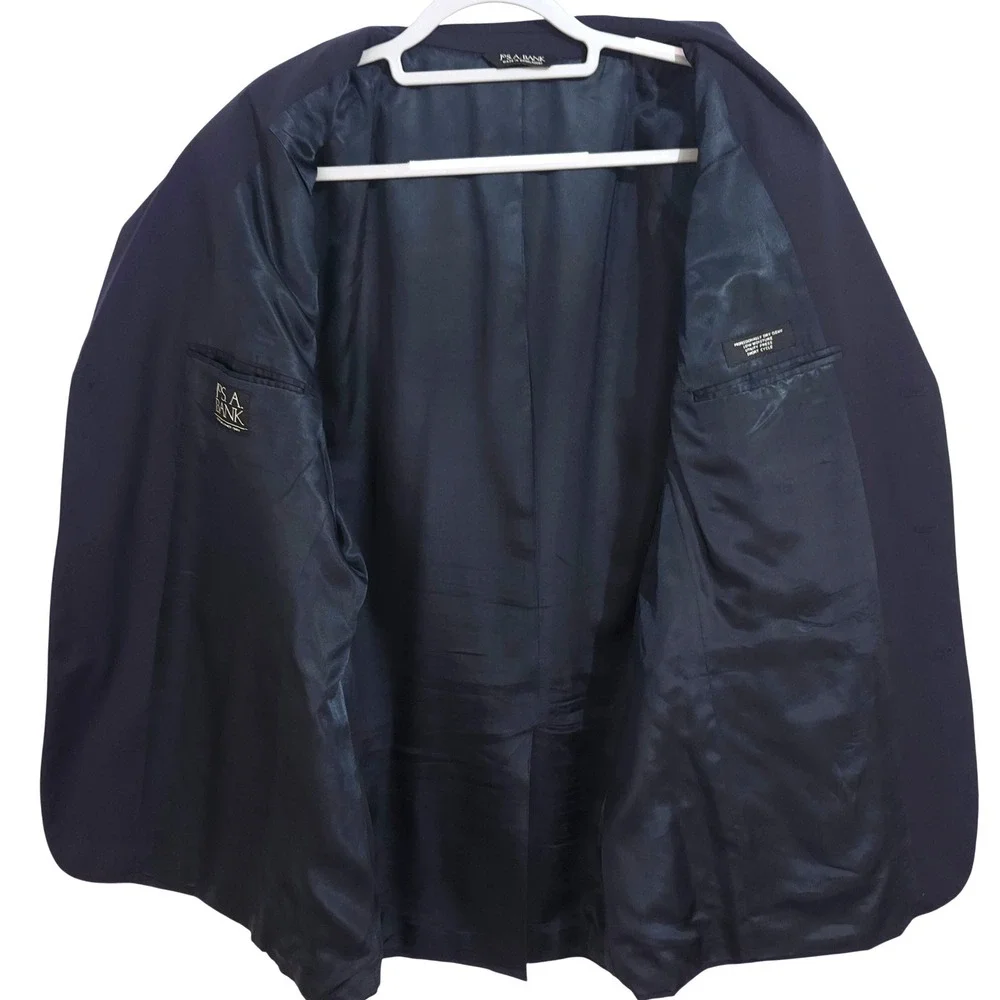 Jos A Bank Mens Blazer 46L Navy Blue 100% Wool 3 Button Brass‎ Crest Sport Coat